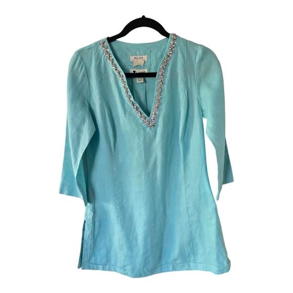 malvin Tops - Malvin Embellished Linen Tunic Blouse Women Sz S Blue Side Slit Laggenlook